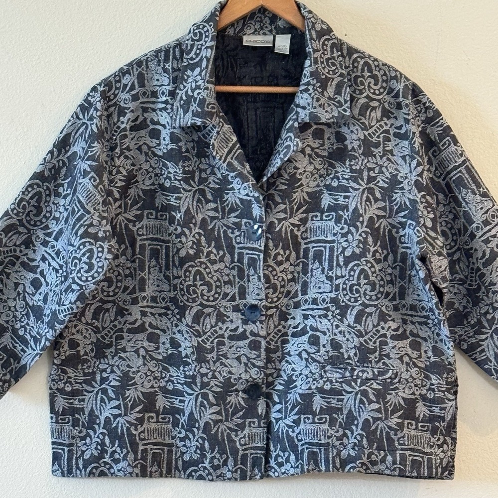 Chico's Linen Jacket Size 2 Large Chinoiserie Pagoda Asian Toile Black Gray